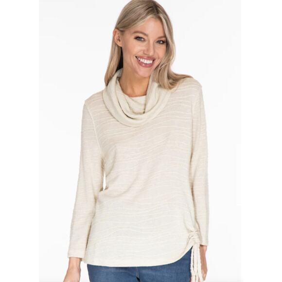 Multiples 3/4 Sleeve Cowl Collar Side Drawstring Tunic Top Women Size S Cream - Picture 1 of 8